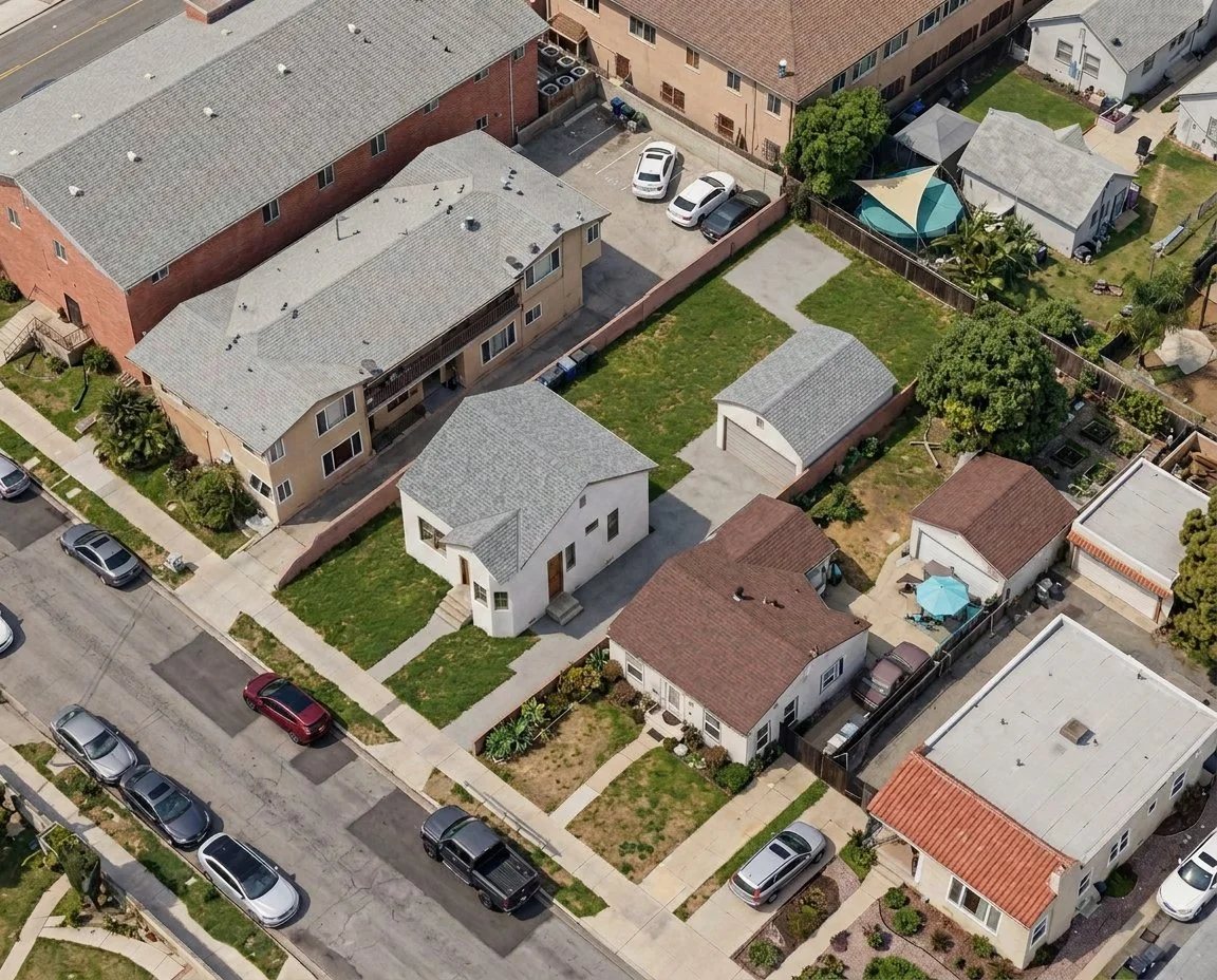 Aerial view: existing 900 SF house on its lot