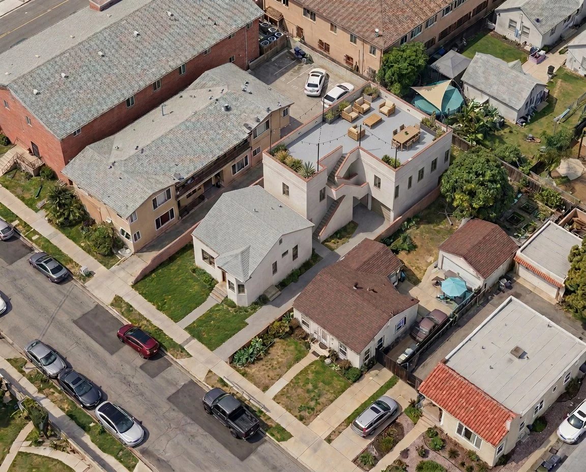 Aerial view: the same lot after an ADU and an SB 9 home